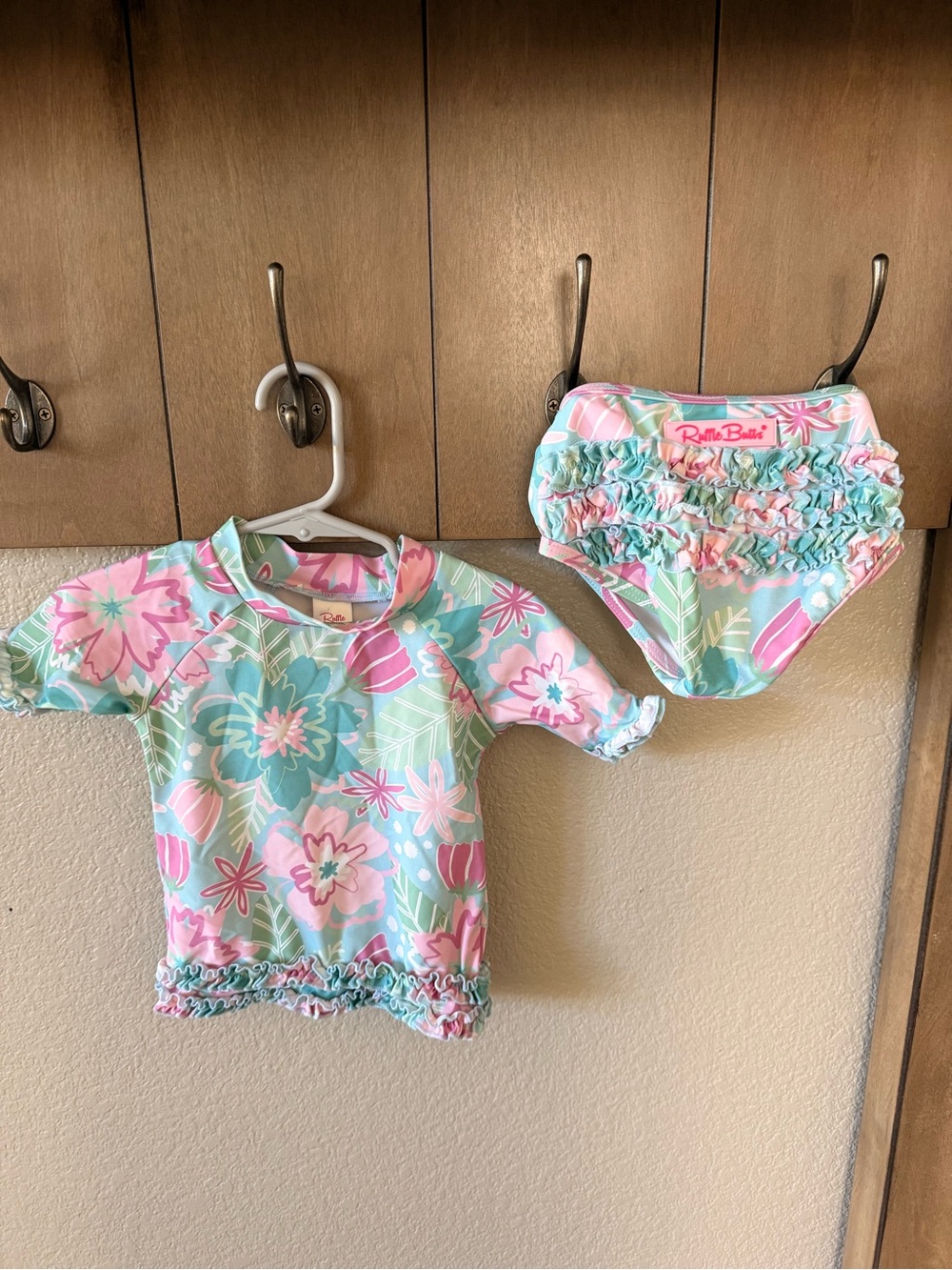 Ruffle Butts Pink & Aqua Floral Ruffle Rashguard Swim Set